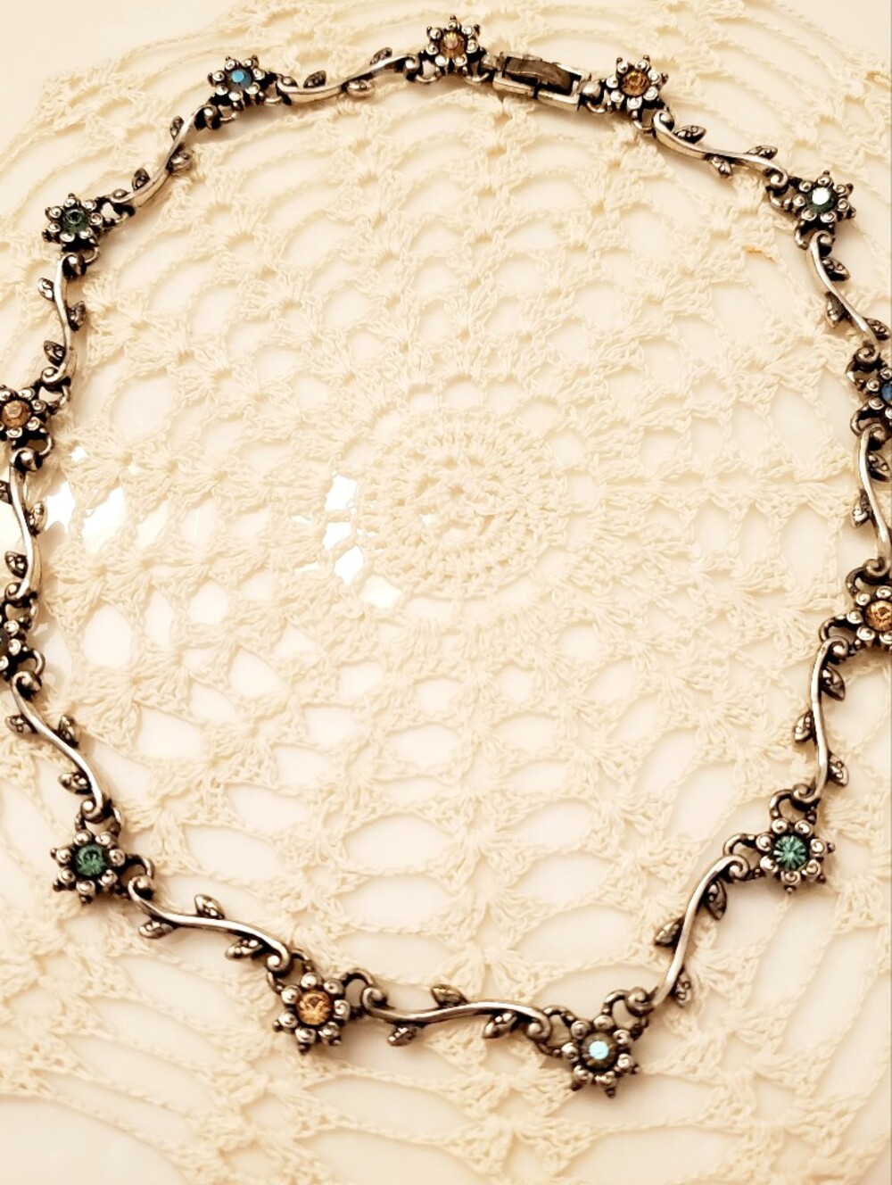Brighton Silver-Tone Floral Necklace with Blue, Green and Champagne Crystals